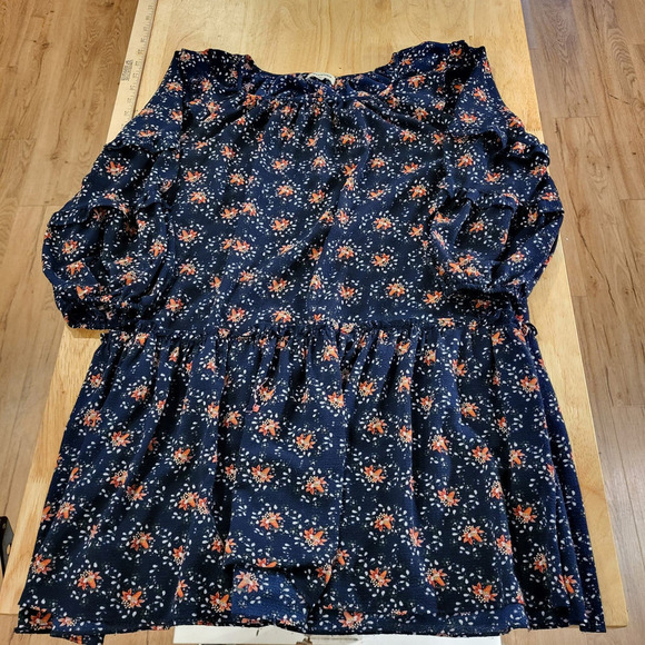 Max Studios Navy Blue Floral Ruffle 3/4 Sleeve Med Knee Length Dress - Picture 1 of 8